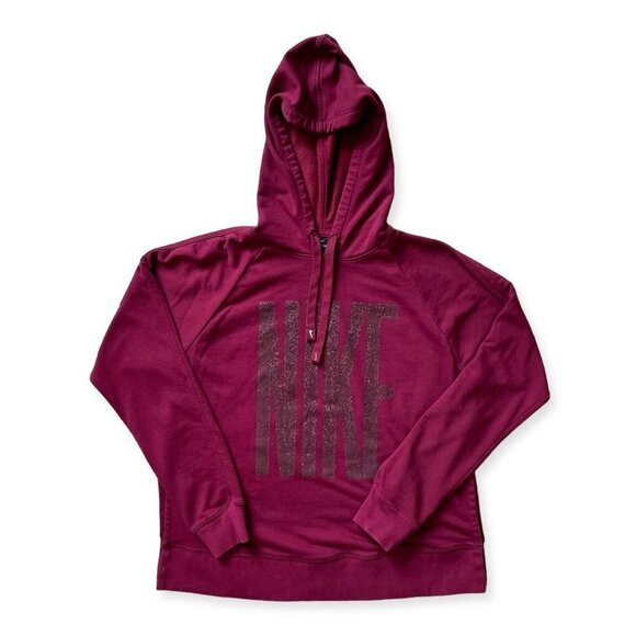 Nike Dri-Fit Sweatshirt Women Small Maroon Oversize Glitter Logo Slit Drawstring - Picture 1 of 11